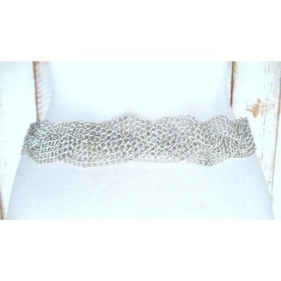 90s vintage Anne Klein brown leather silver metal mesh link chain bel